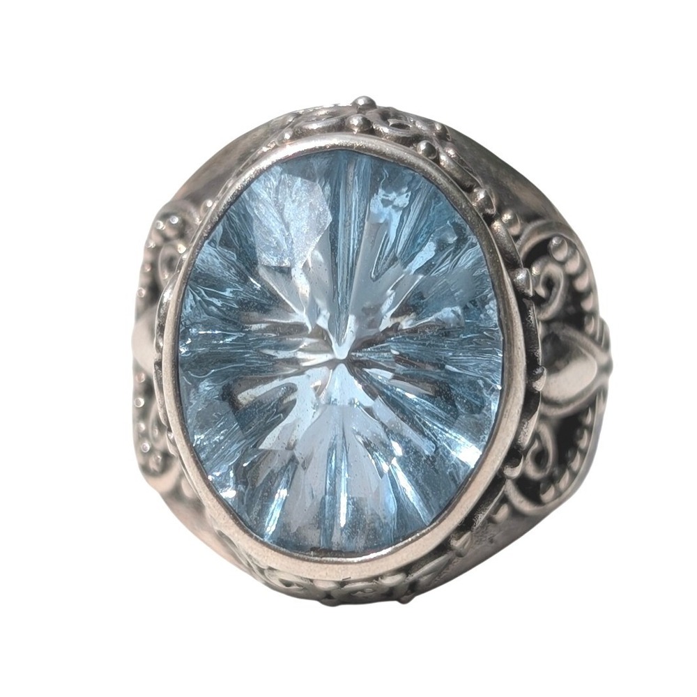 Sarda 925 Sterling Silver Blue Topaz‎ Sunburst Faceted Filigree Statement Ring 7
